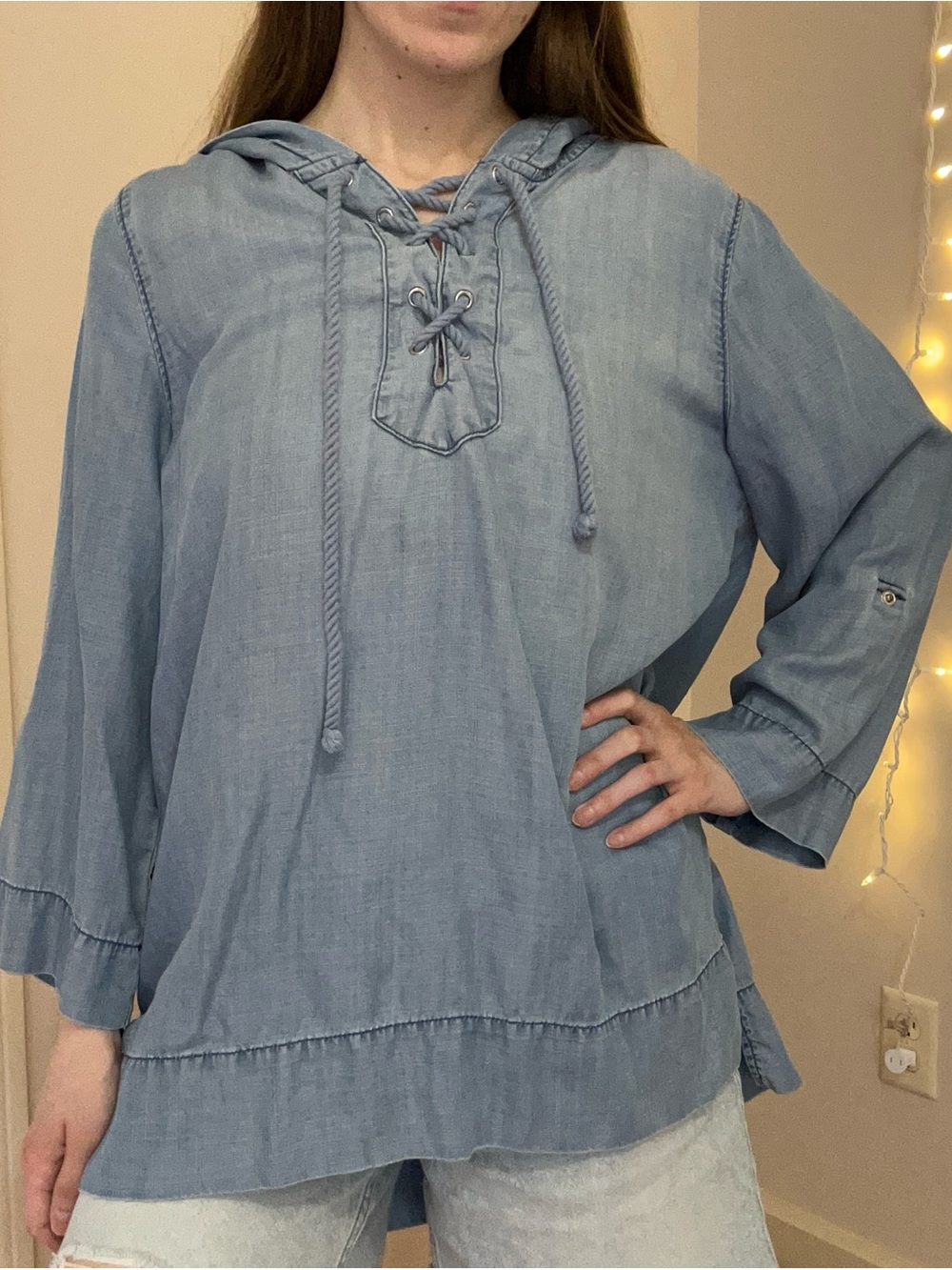 Chico’s Blue Denim Hooded Blouse